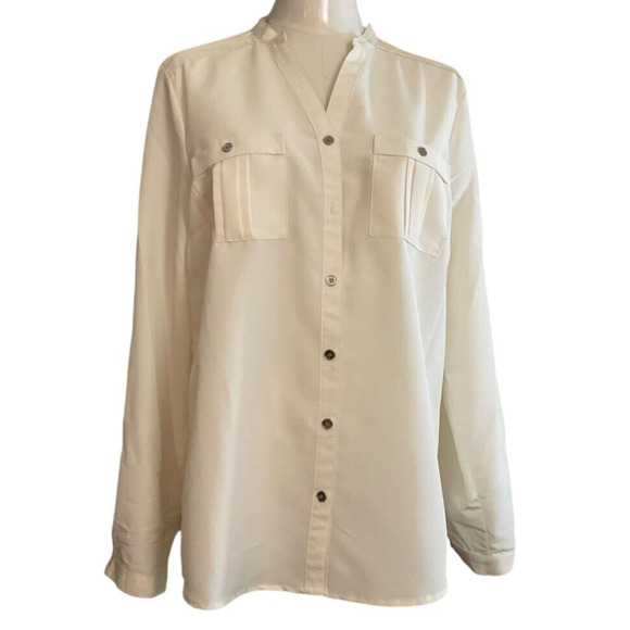 Notations Women’s Ivory Button-Up Blouse Size Medium Chest Pockets New - Picture 1 of 13